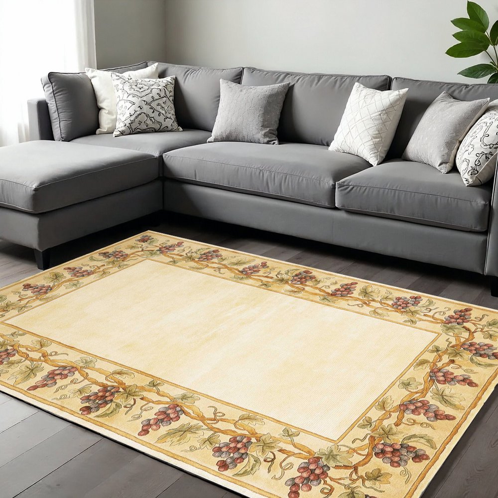 9' X 13' Ivory Brown And Green Wool Floral Vines Hand Tufted Area Rug
