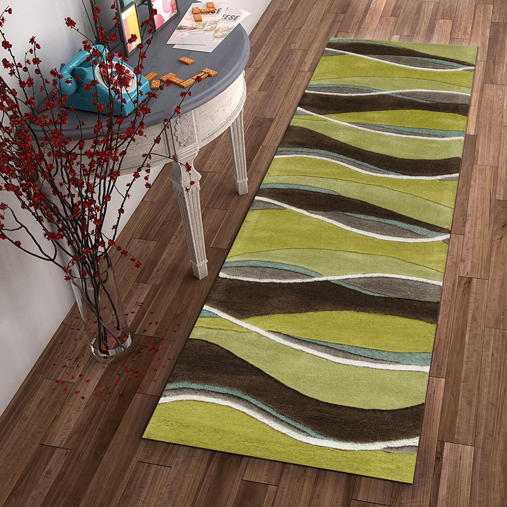 5' X 8' Lime Green Brown And Blue Wool Abstract Hand Tufted Area Rug