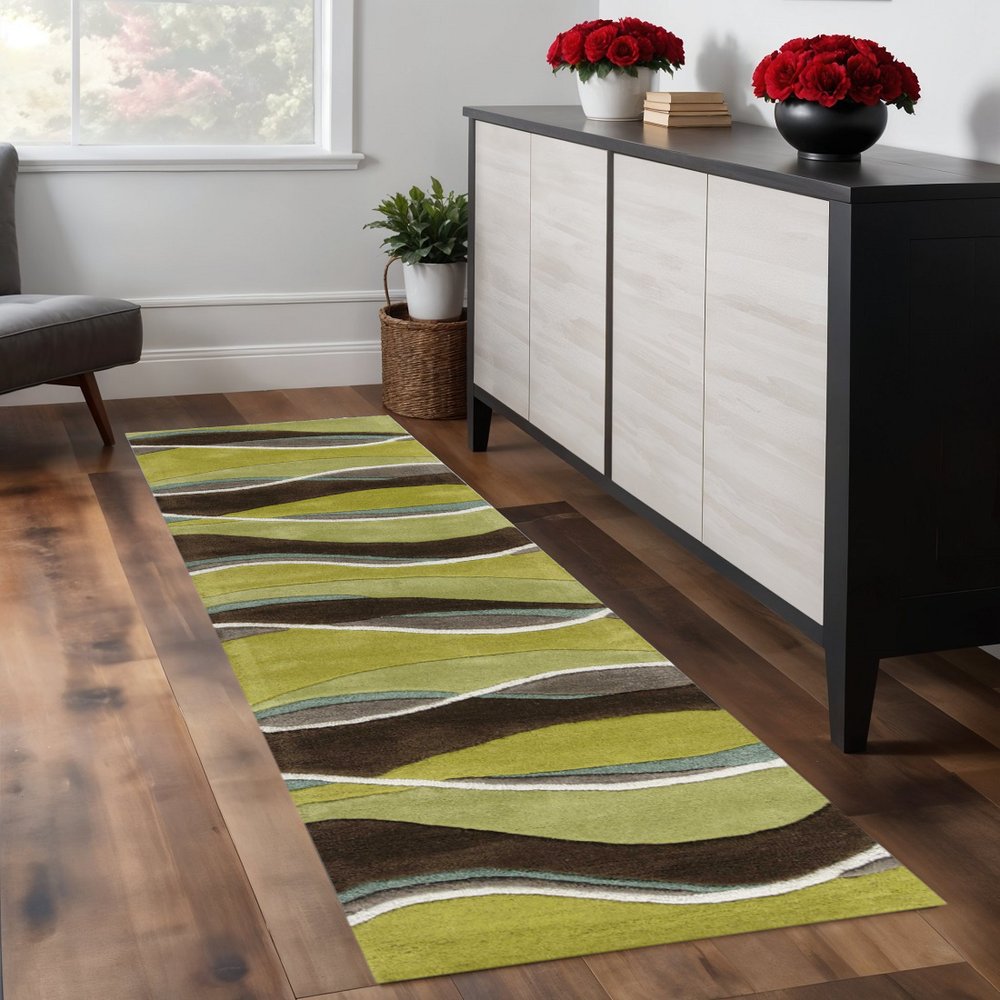 5' X 8' Lime Green Brown And Blue Wool Abstract Hand Tufted Area Rug