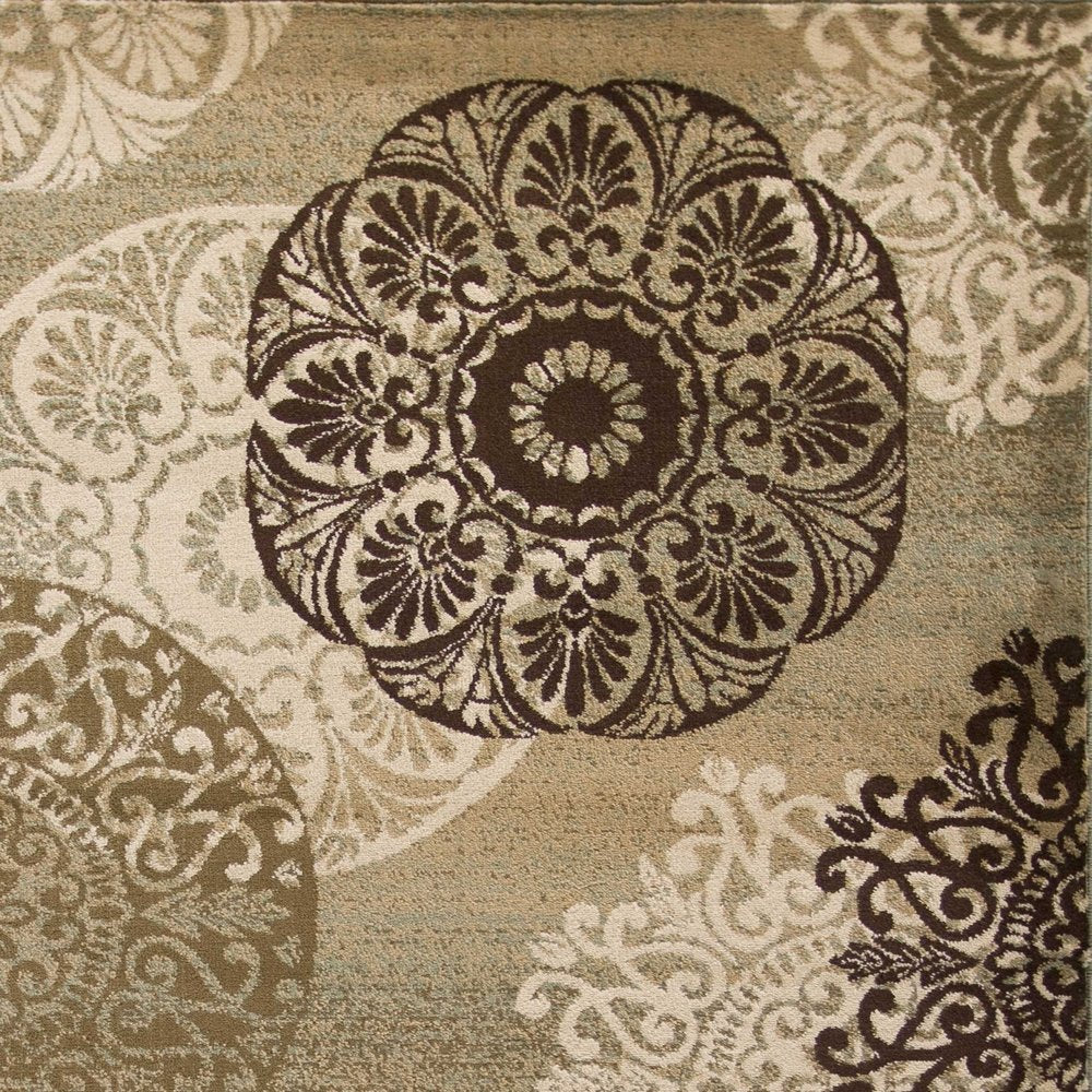 5' X 8' Sage Brown And Ivory Floral Medallion Area Rug