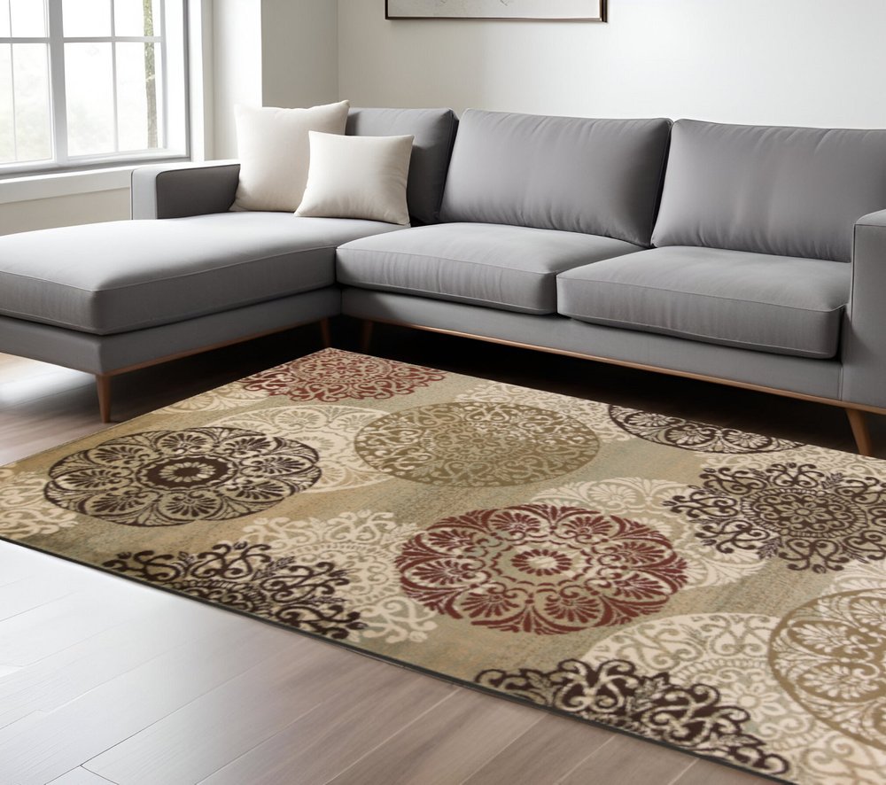 5' X 8' Sage Brown And Ivory Floral Medallion Area Rug