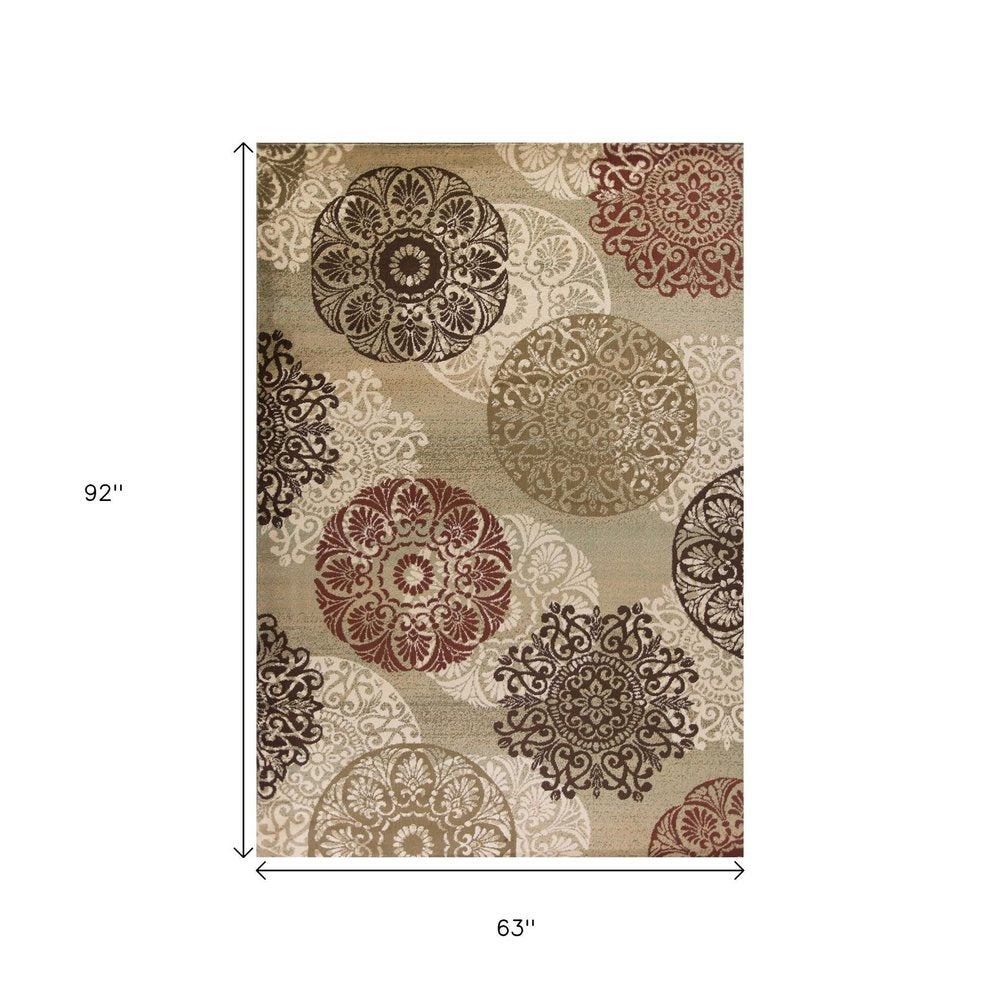 5' X 8' Sage Brown And Ivory Floral Medallion Area Rug