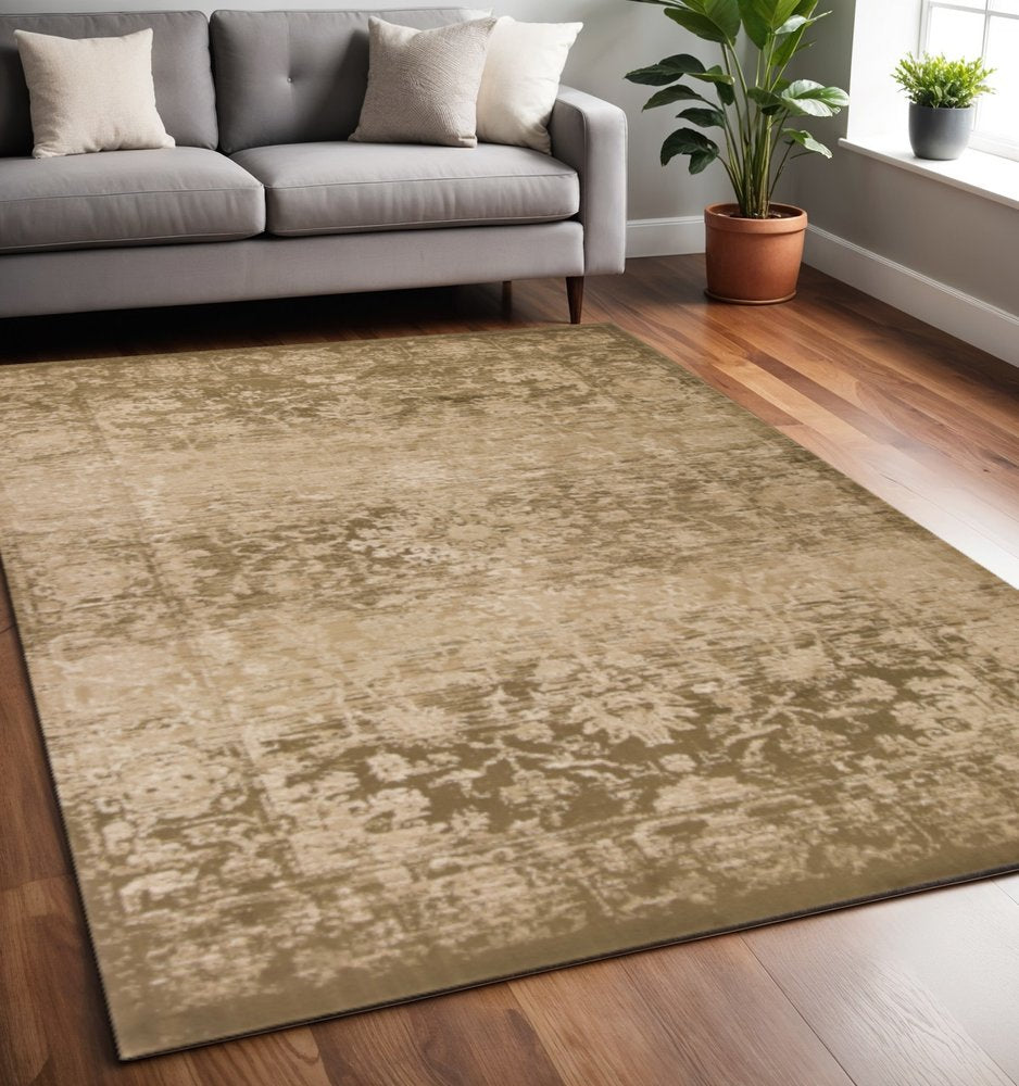 8' Beige And Tan Floral Medallion Distressed Round Rug