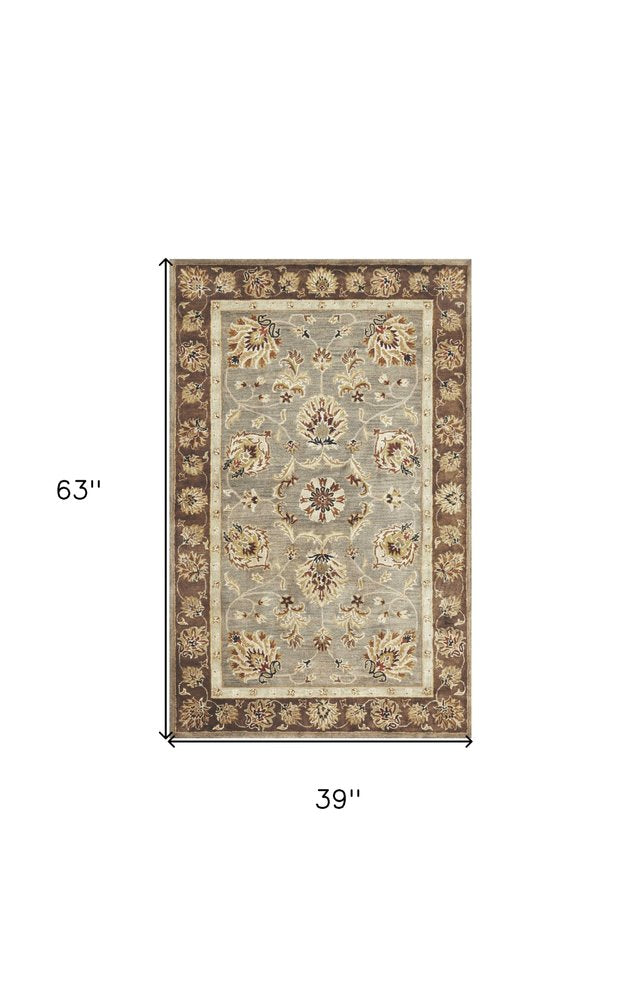 3' X 5' Gray Brown And Ivory Wool Floral Medallion Hand Tufted Area Rug