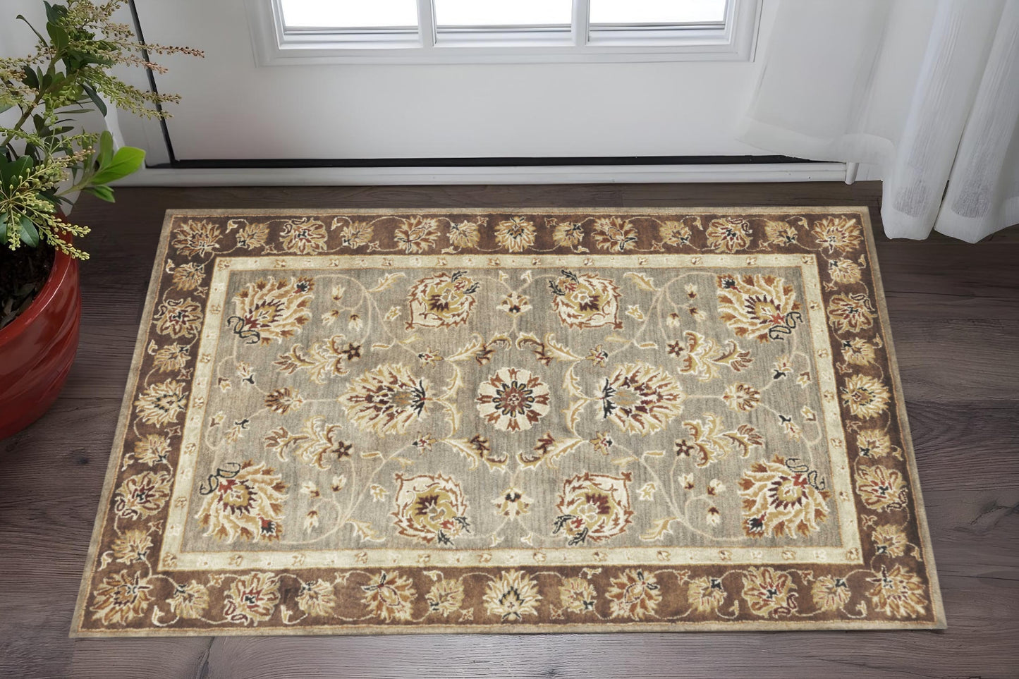 3' X 5' Gray Brown And Ivory Wool Floral Medallion Hand Tufted Area Rug
