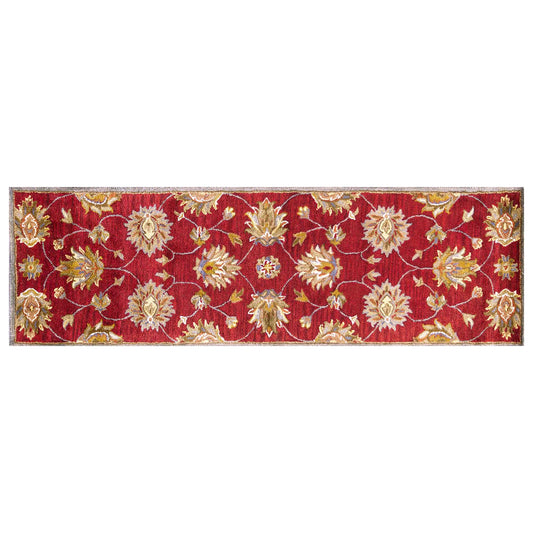 7' Red Ivory And Brown Wool Floral Hand Tufted Runner Rug