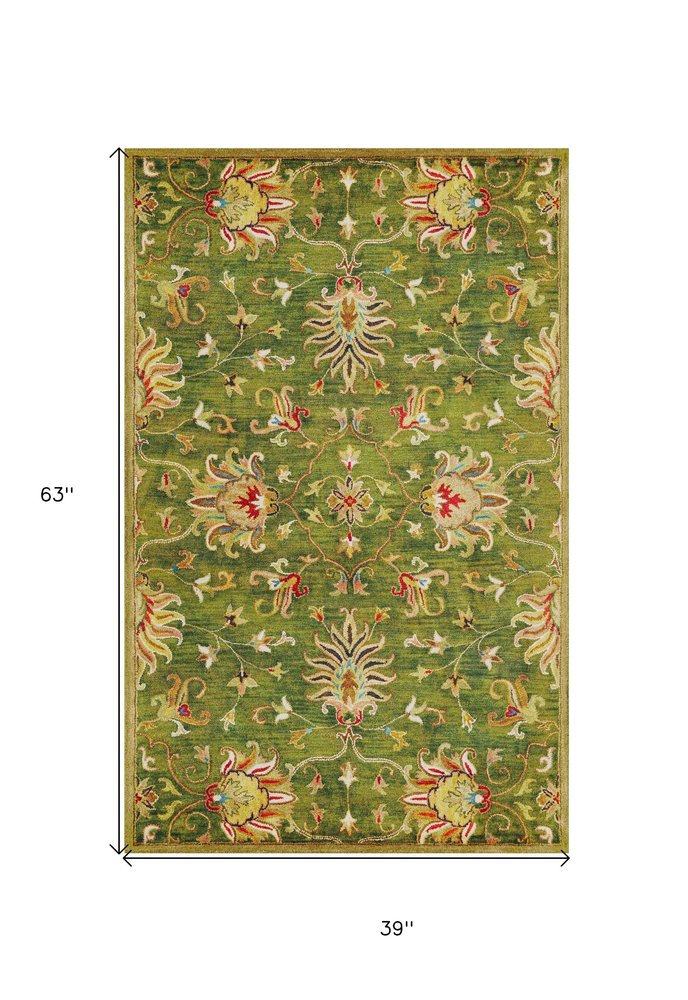 5' X 8' Green Red And Ivory Wool Floral Medallion Hand Tufted Area Rug