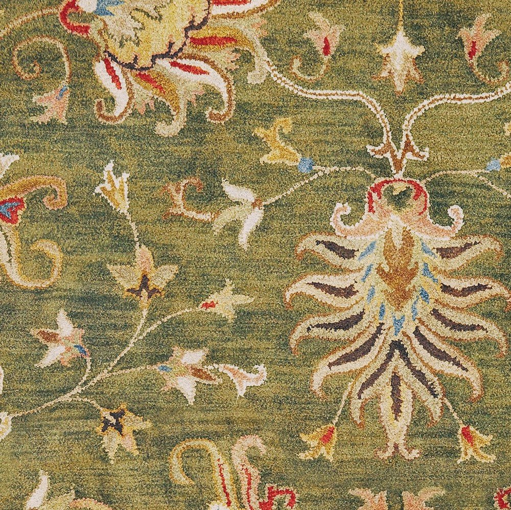 5' X 8' Green Red And Ivory Wool Floral Medallion Hand Tufted Area Rug