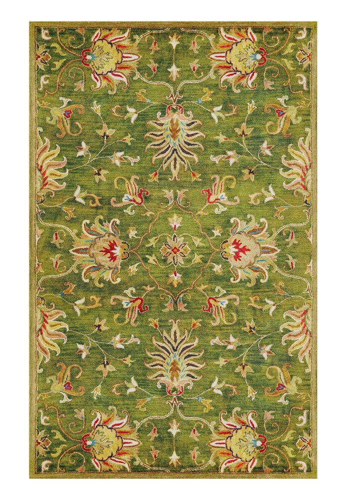 5' X 8' Green Red And Ivory Wool Floral Medallion Hand Tufted Area Rug