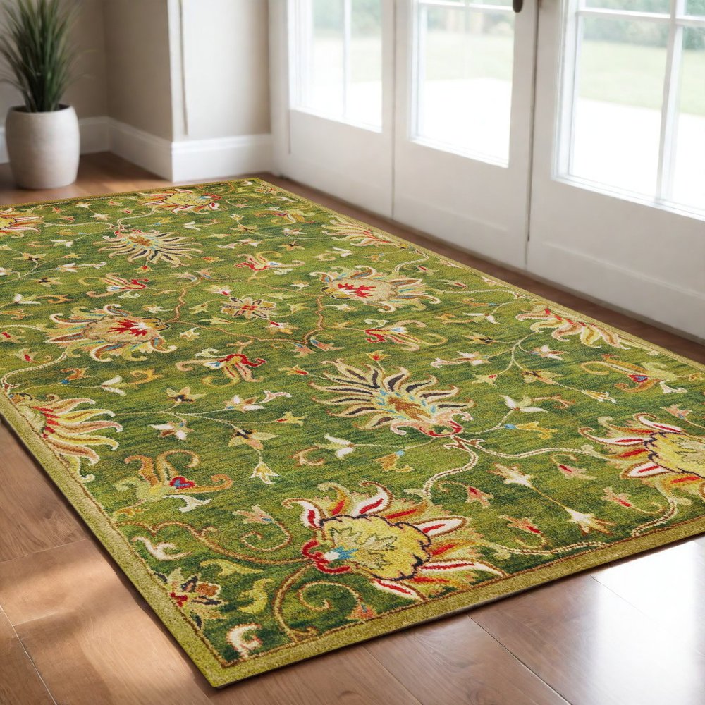 5' X 8' Green Red And Ivory Wool Floral Medallion Hand Tufted Area Rug