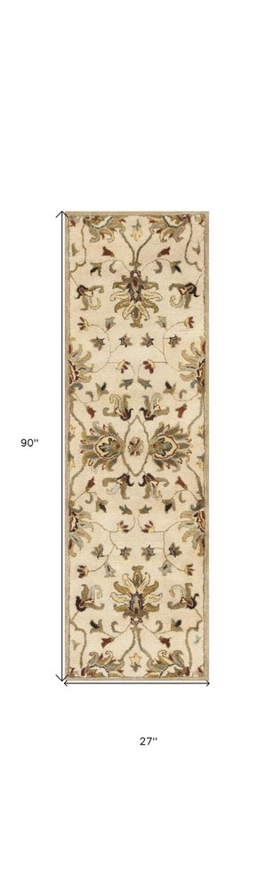 8' Champagne Red And Brown Wool Floral Medallion Hand Tufted Runner Rug