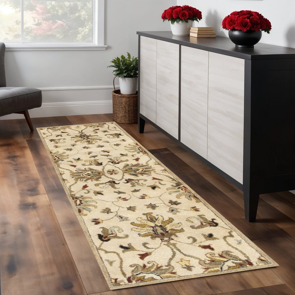 8' Champagne Red And Brown Wool Floral Medallion Hand Tufted Runner Rug