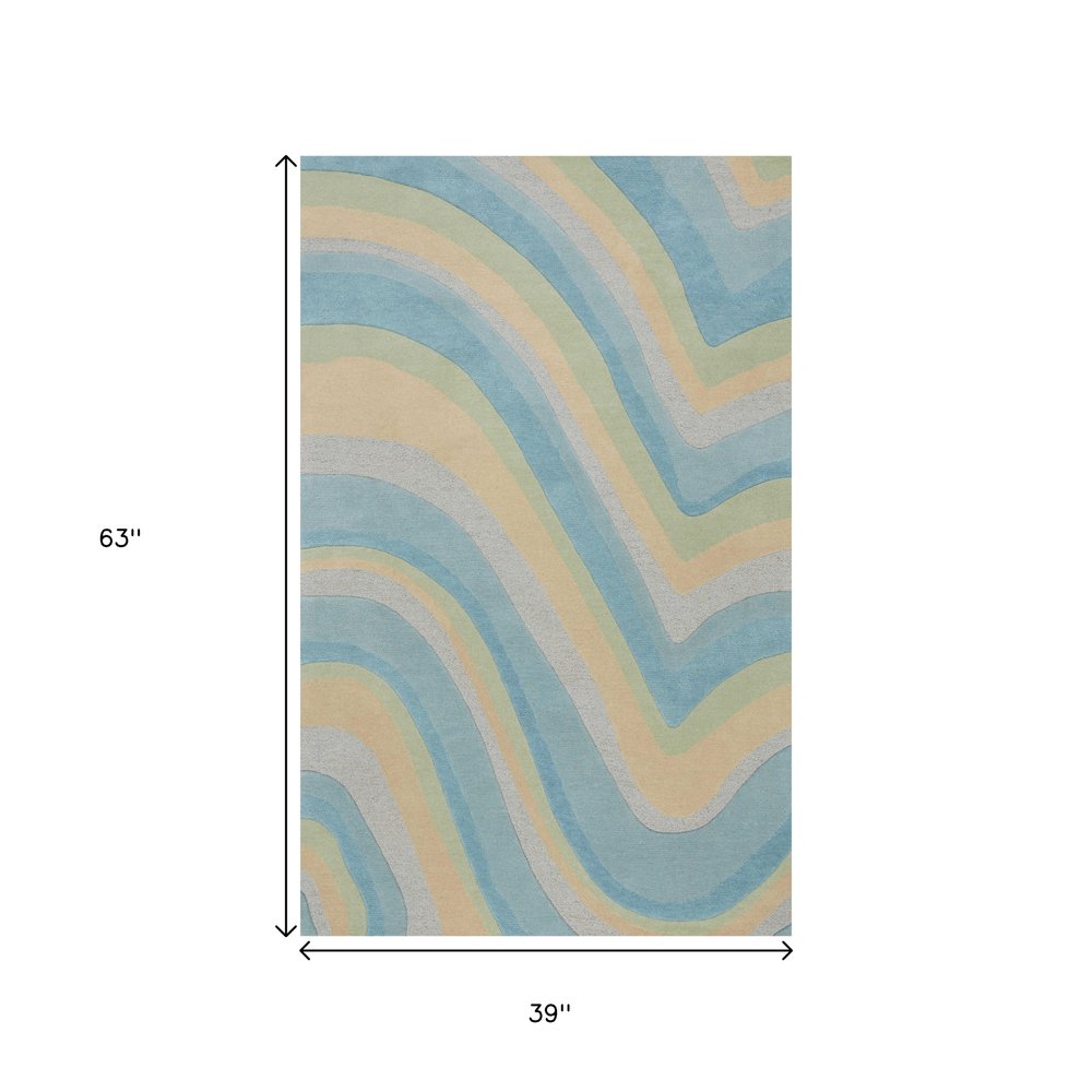 5' X 8' Blue Beige And Green Wool Abstract Hand Tufted Area Rug