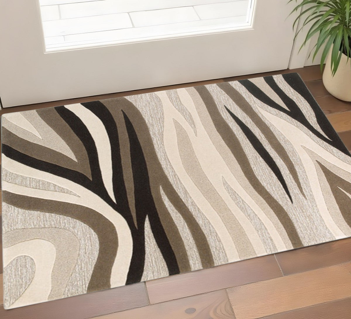 8' X 10' Beige Ivory And Black Wool Abstract Hand Tufted Area Rug