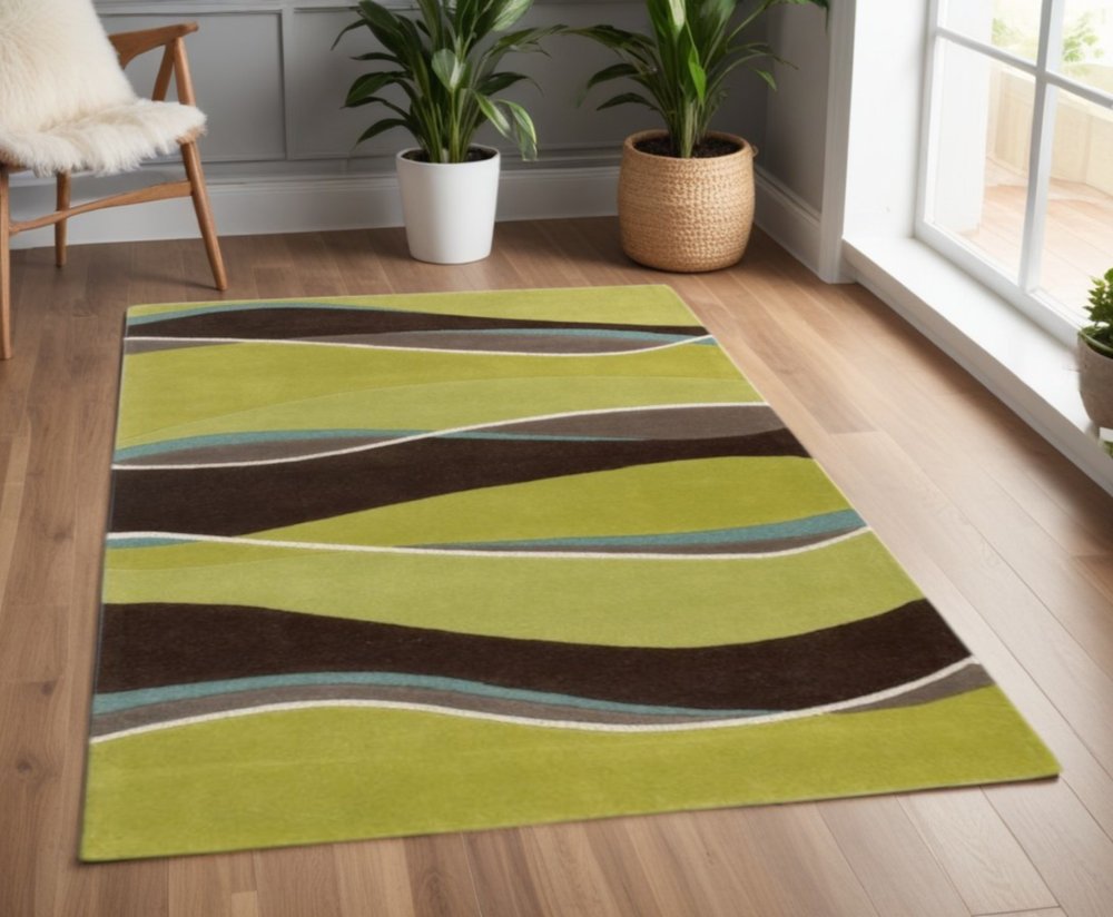 5' X 8' Lime Green Brown And Blue Wool Abstract Hand Tufted Area Rug