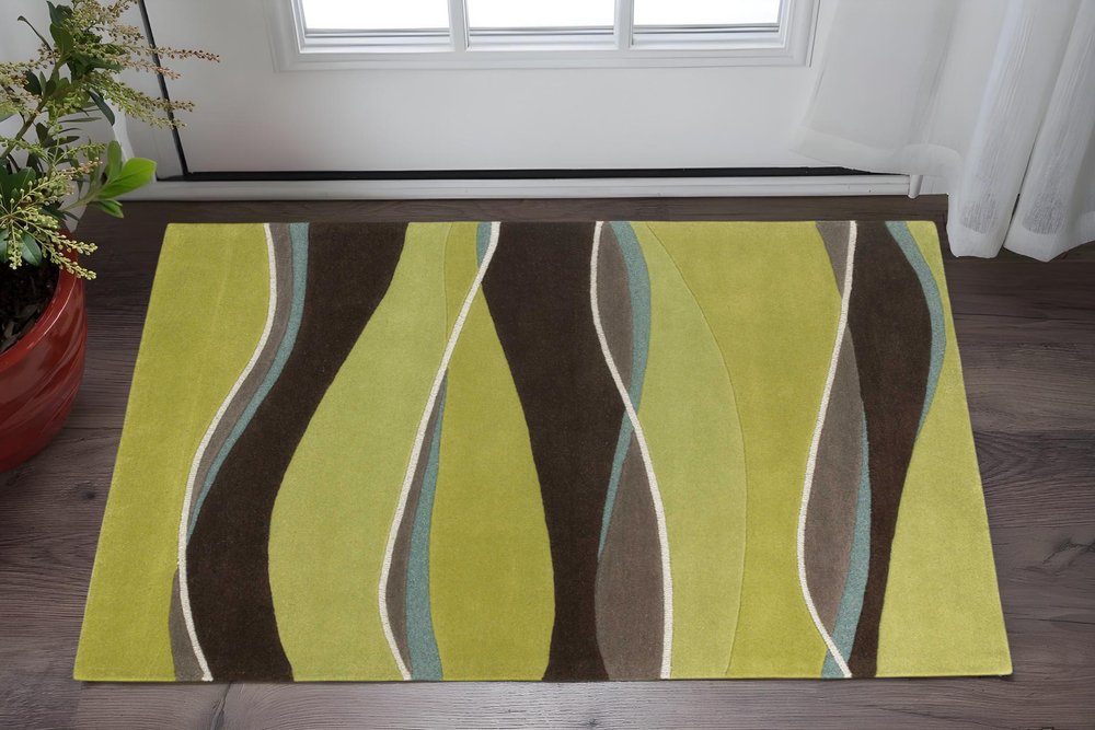 5' X 8' Lime Green Brown And Blue Wool Abstract Hand Tufted Area Rug