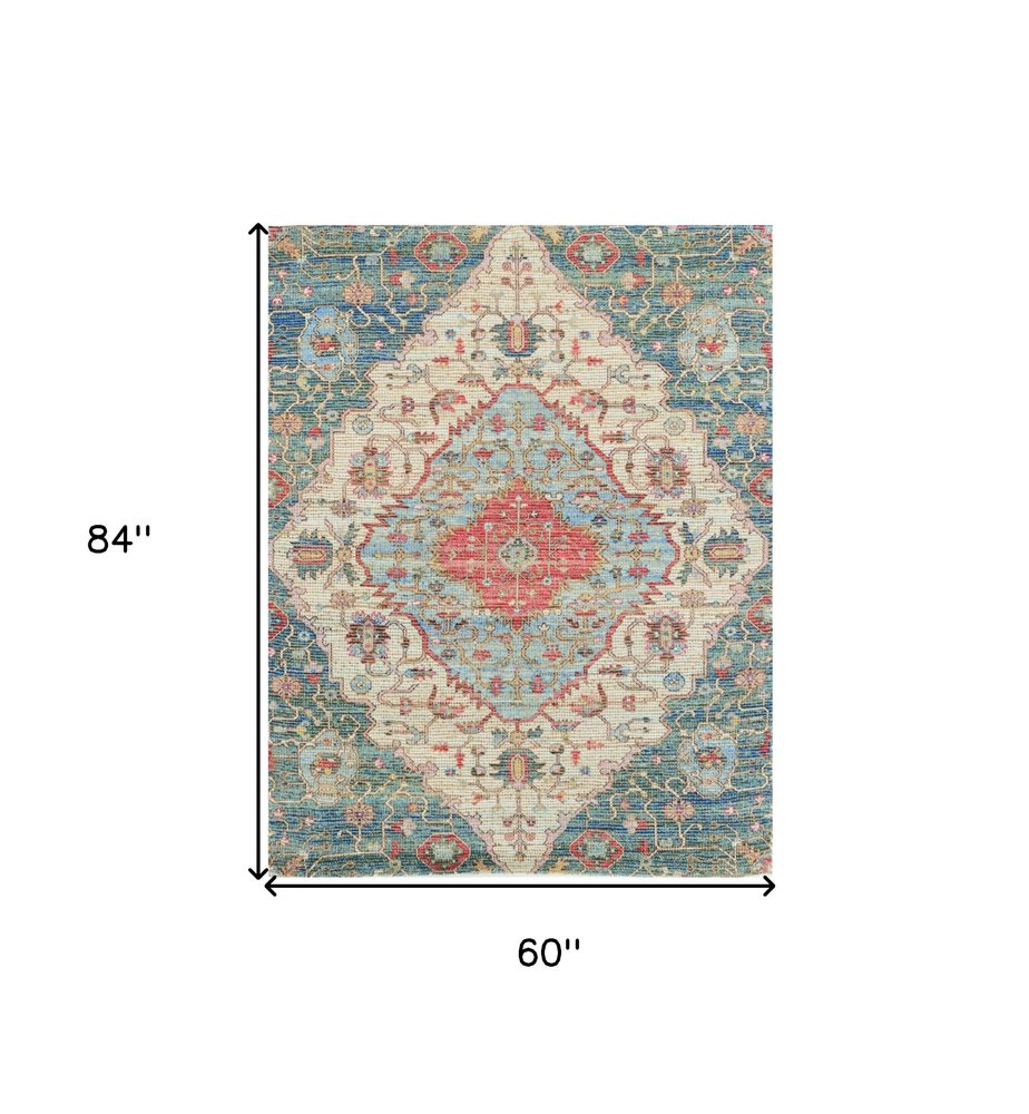 7' X 12' Blue Beige And Brick Red Jute Medallion Handmade Area Rug