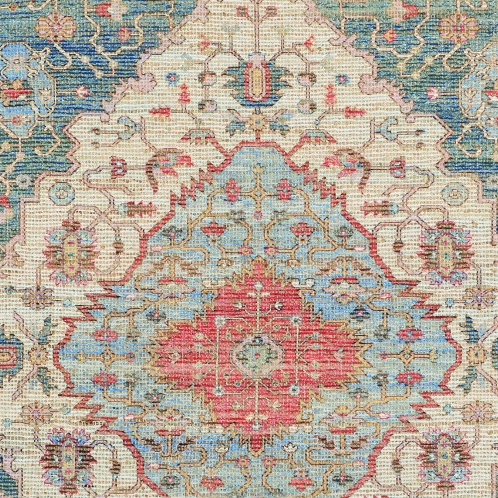 7' X 12' Blue Beige And Brick Red Jute Medallion Handmade Area Rug