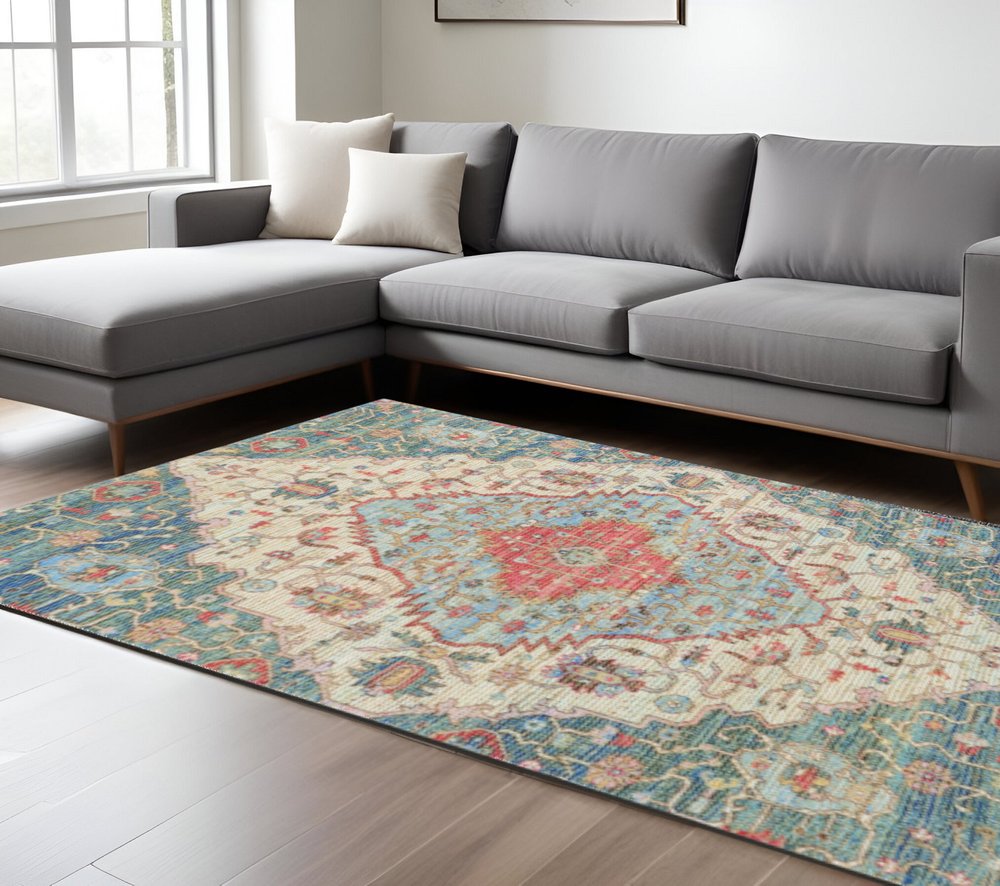 7' X 12' Blue Beige And Brick Red Jute Medallion Handmade Area Rug