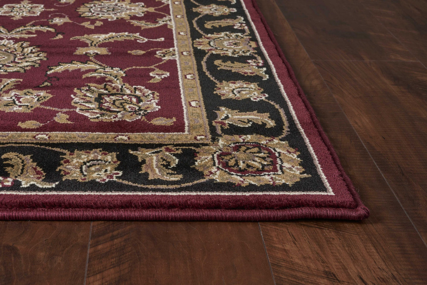 7' Red Black And Gold Floral Medallion Octagon Rug