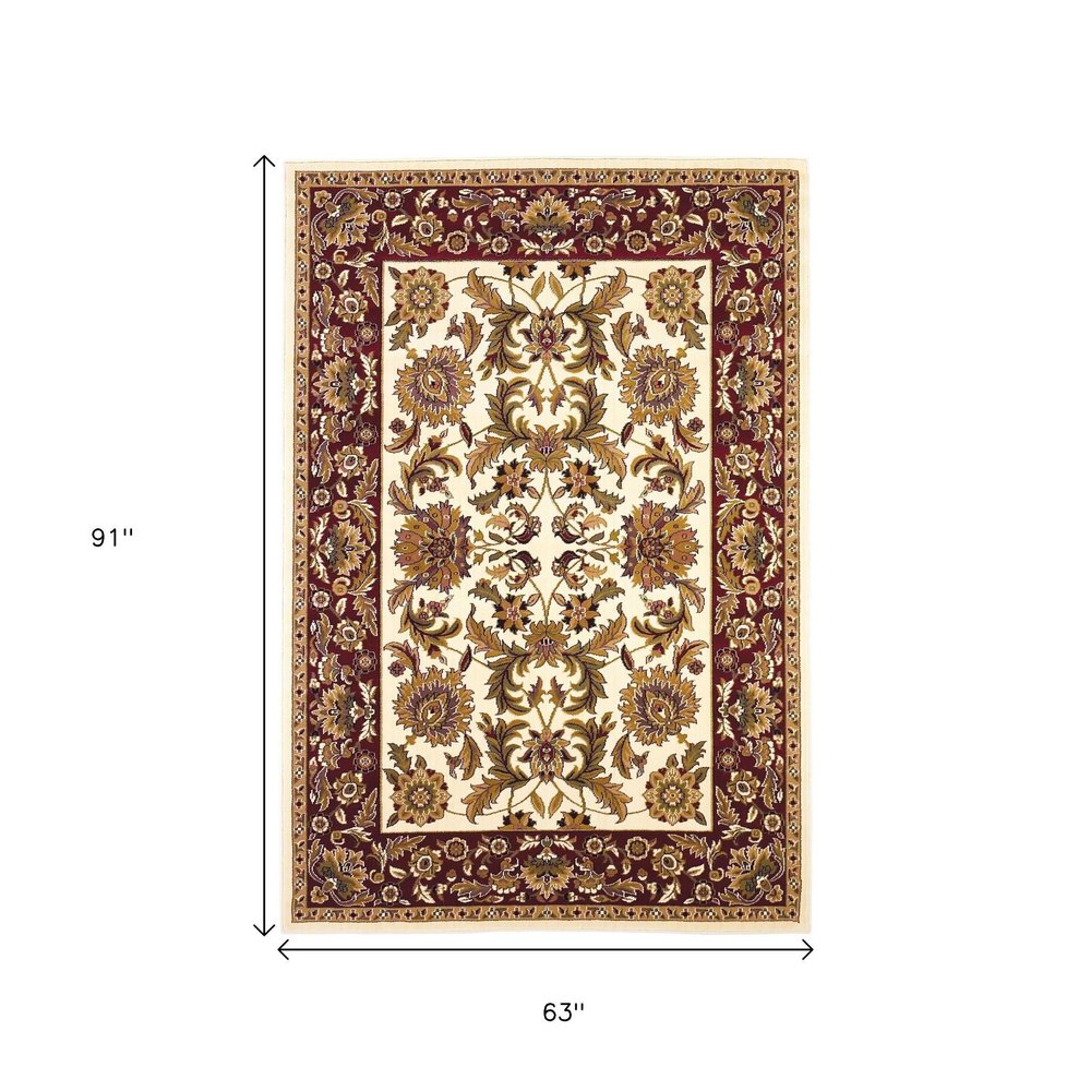 8' Ivory Red And Orange Floral Medallion Octagon Rug