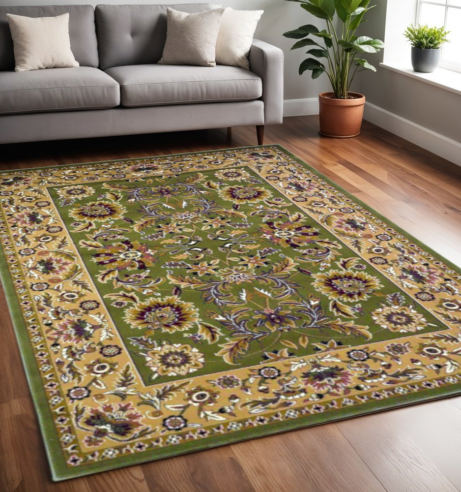 2' X 3' Green Taupe And Ivory Floral Medallion Area Rug