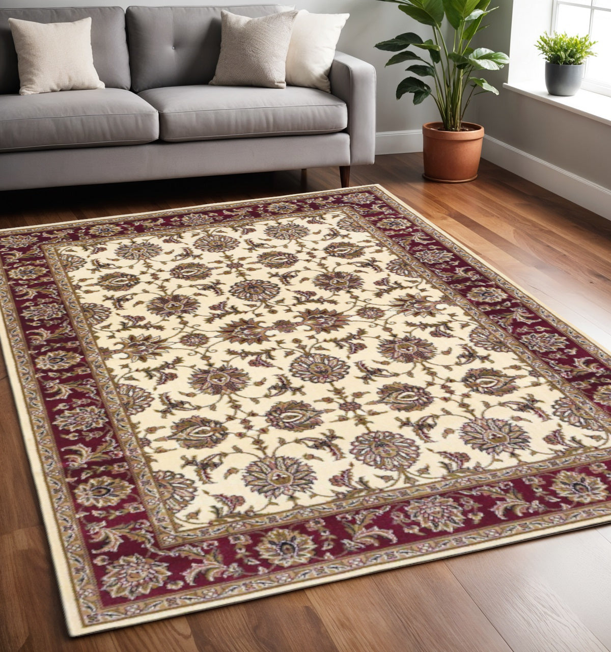 3' X 5' Red Ivory And Brown Floral Medallion Area Rug