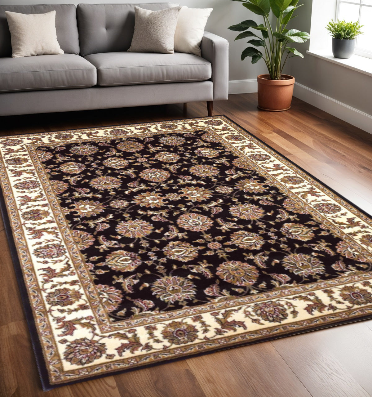 5' X 8' Black Ivory And Brown Floral Medallion Area Rug