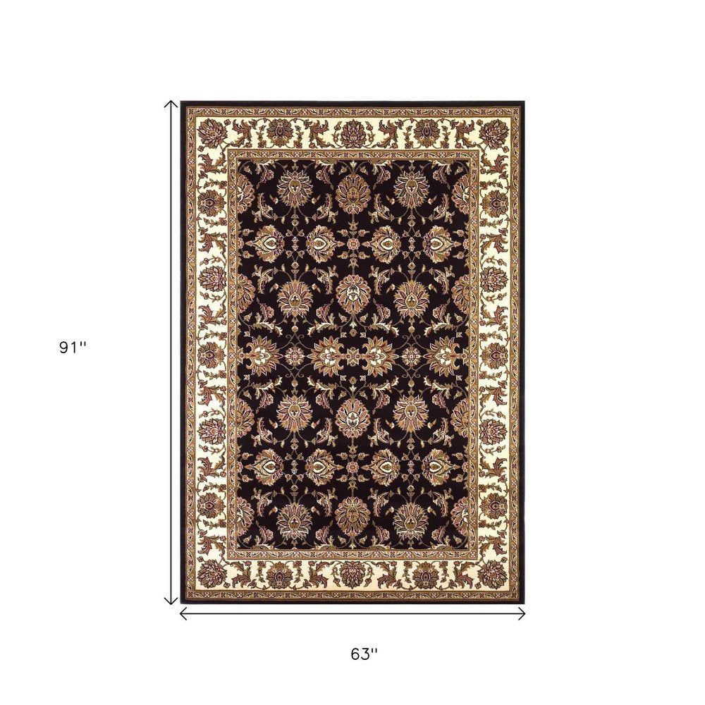 5' X 8' Black Ivory And Brown Floral Medallion Area Rug