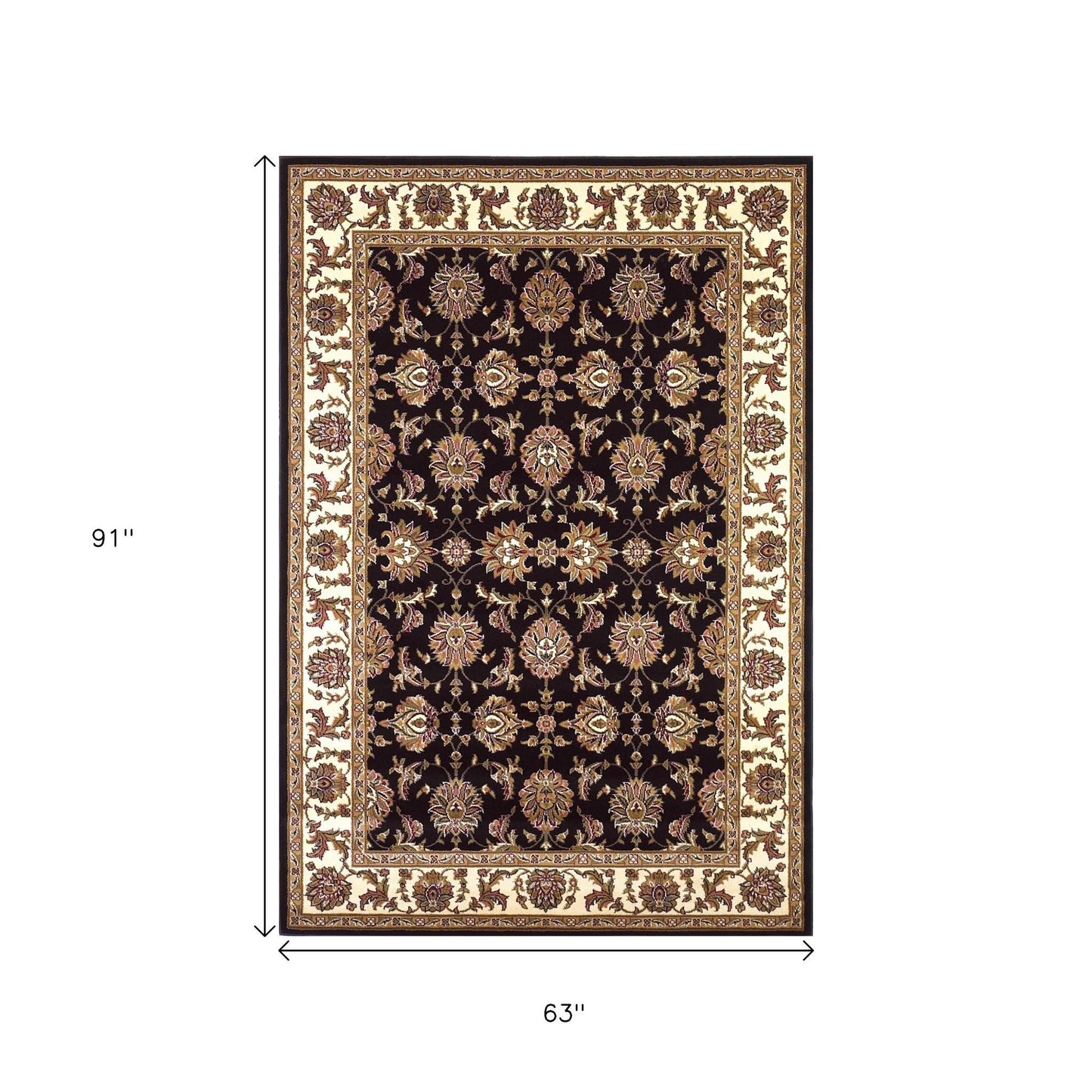 5' X 8' Black Ivory And Brown Floral Medallion Area Rug