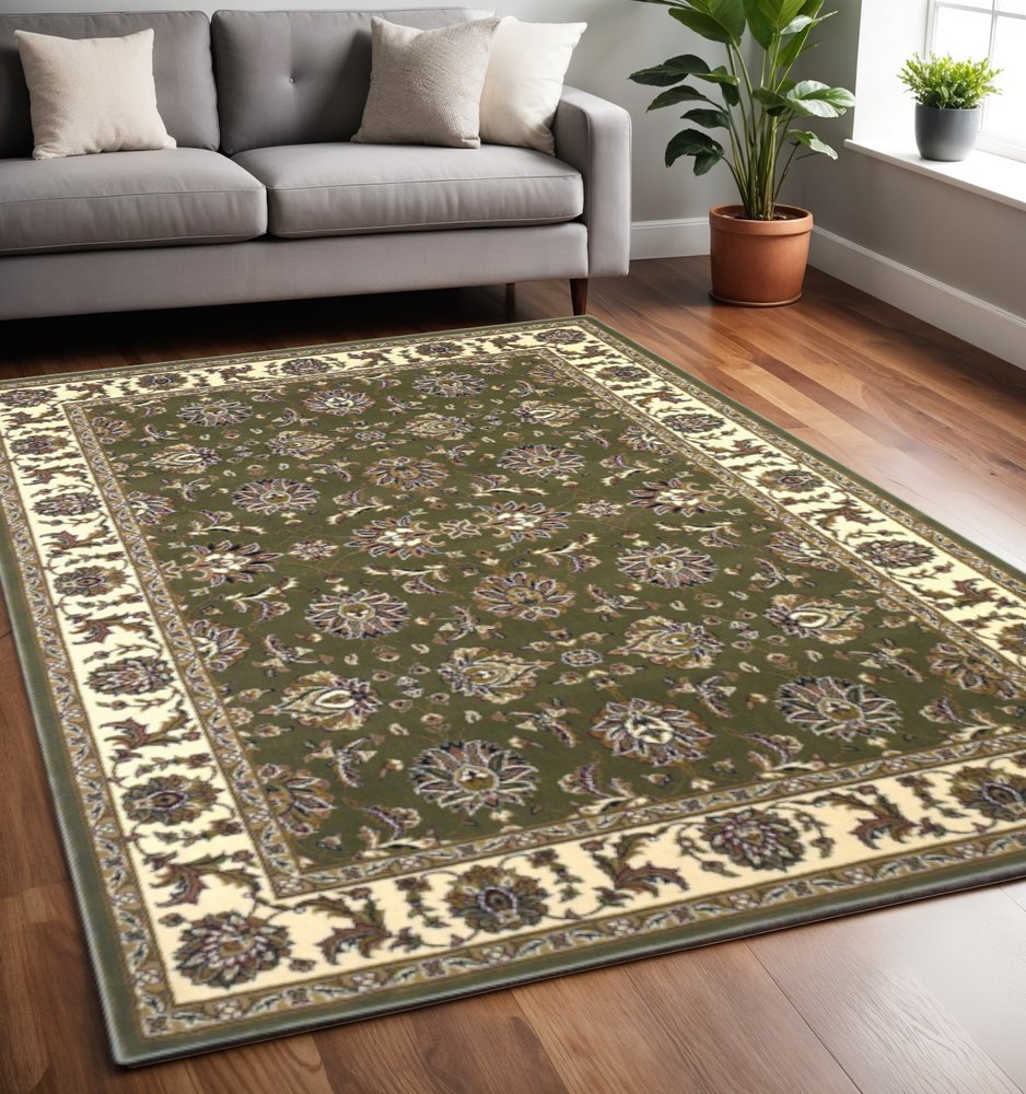 7' Green And Ivory Floral Octagon Rug