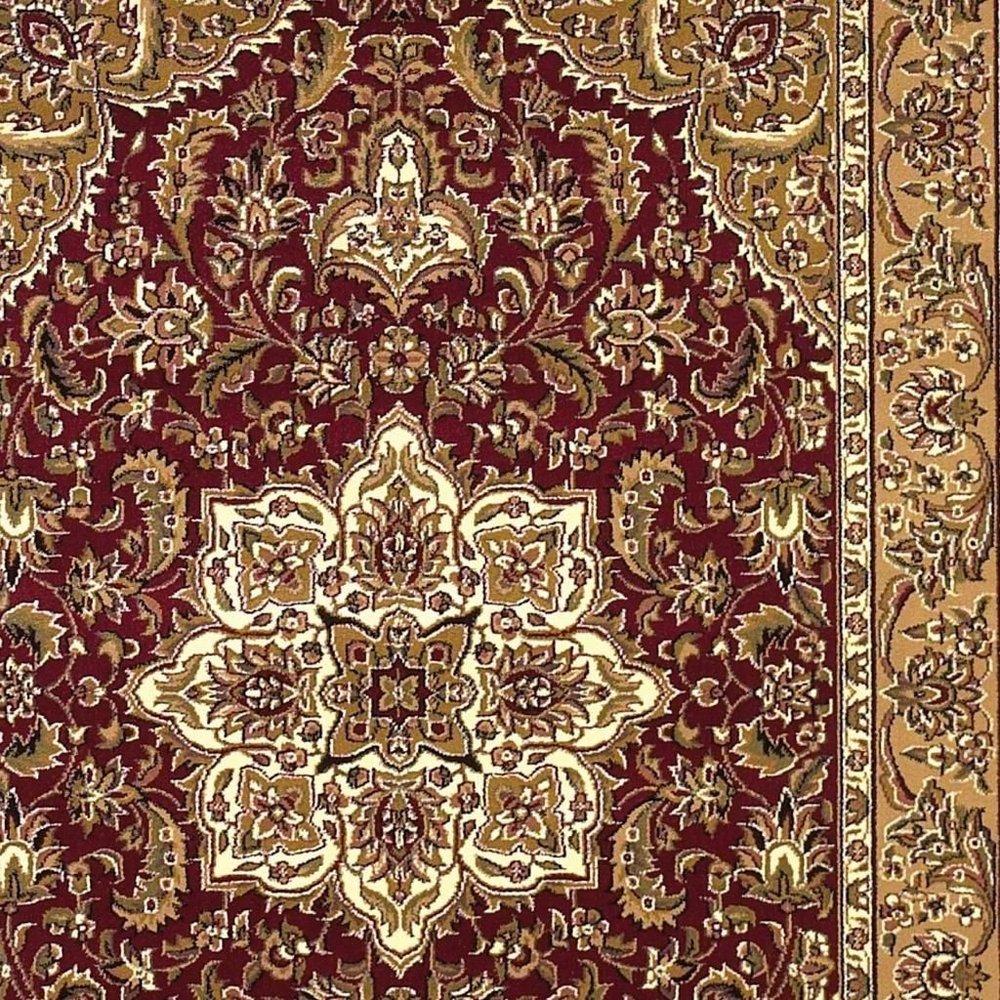 7' Red And Beige Floral Medallion Octagon Rug