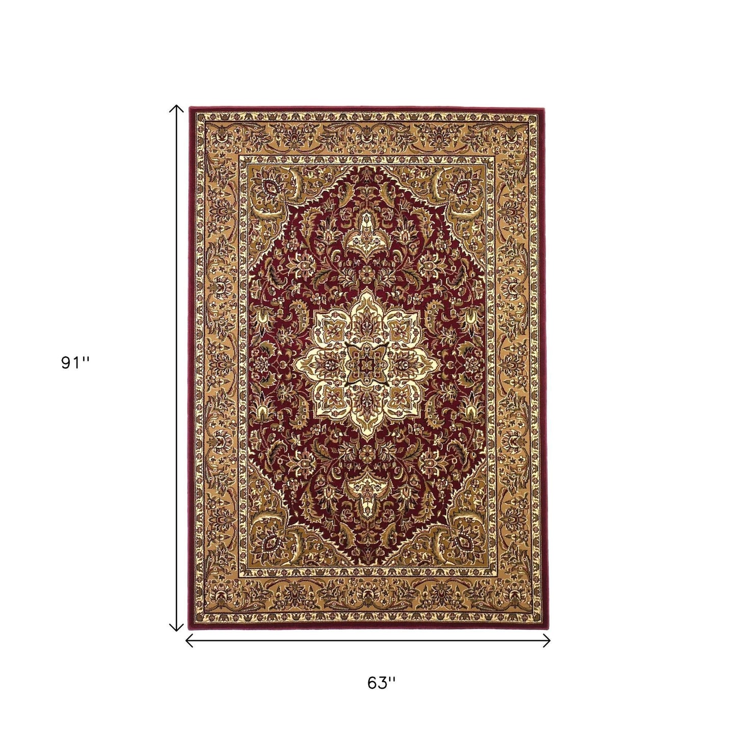 7' Red And Beige Floral Medallion Octagon Rug