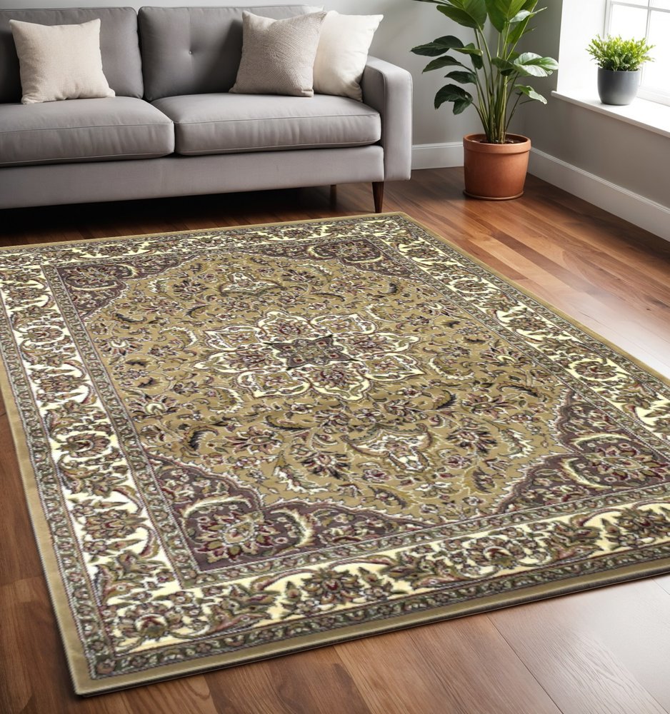 8' Beige And Ivory Floral Medallion Octagon Rug