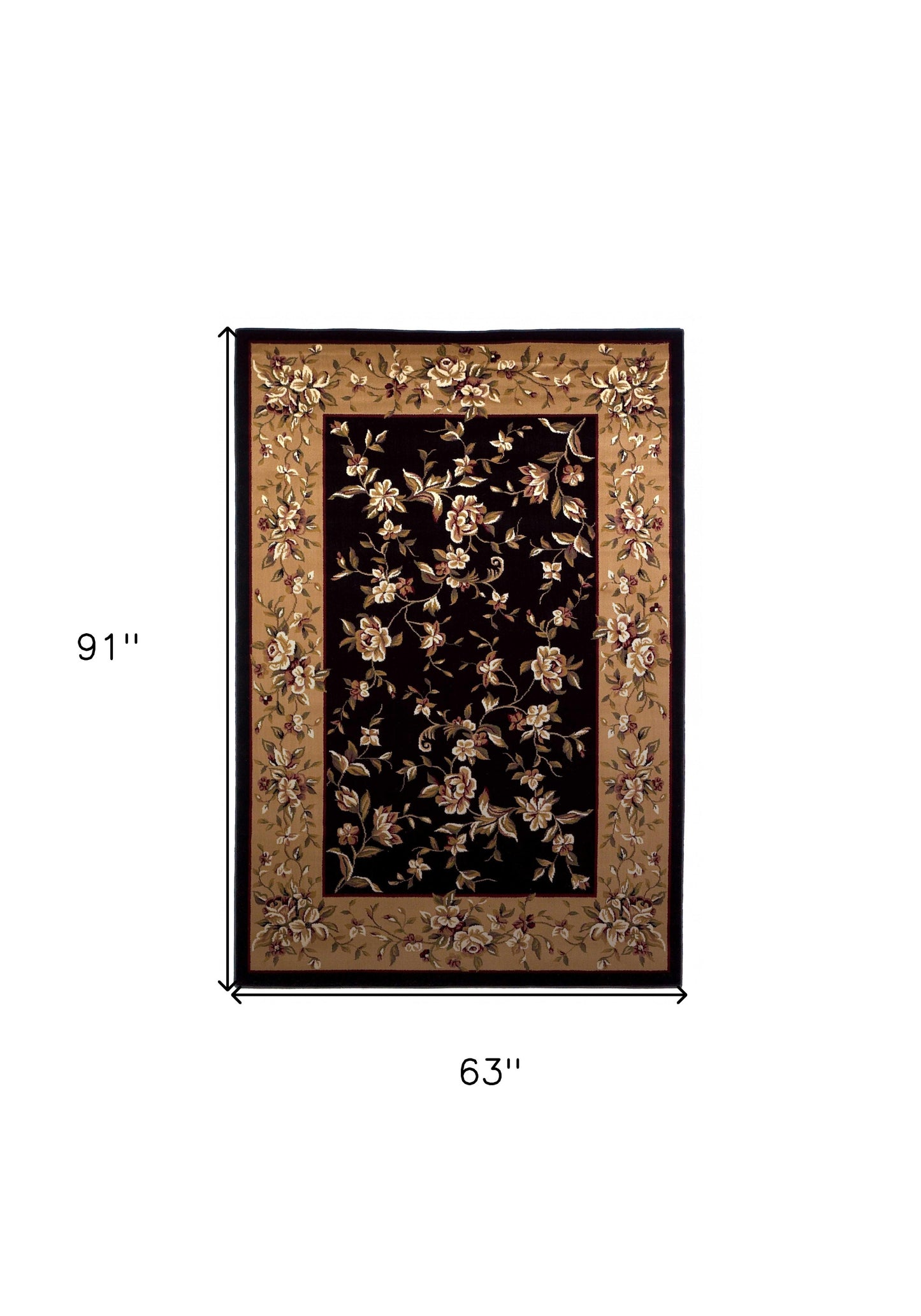 3' X 5' Black Beige Machine Woven Floral Vines Indoor Area Rug