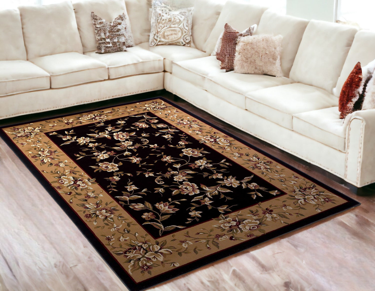 3' X 5' Black Beige Machine Woven Floral Vines Indoor Area Rug