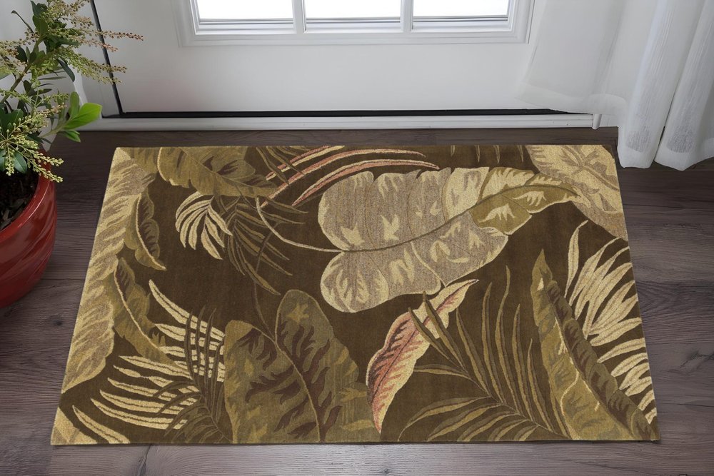 3' X 5' Brown And Beige Wool Botanical Leaves Hand Tufted Area Rug