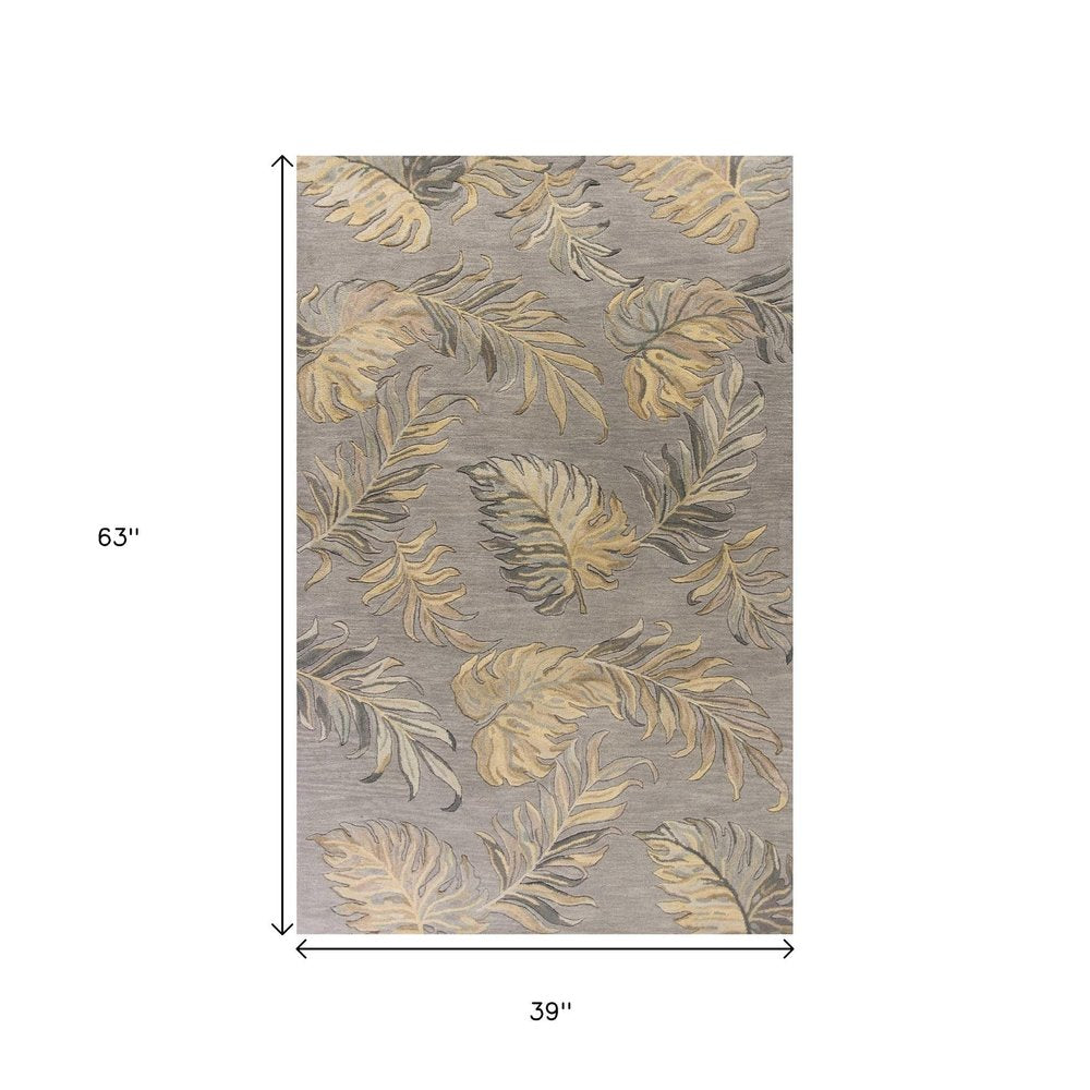 3' X 5' Gray And Taupe Wool Botanical Leaves Hand Tufted Area Rug