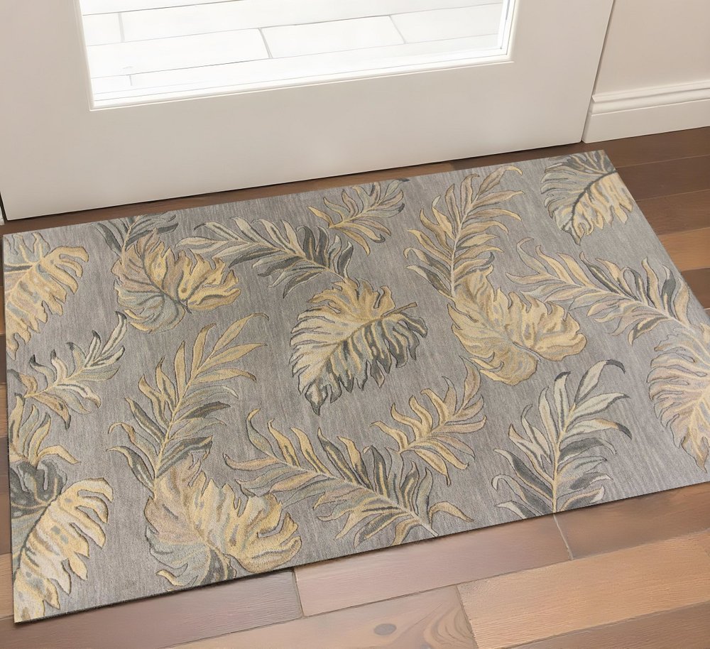 3' X 5' Gray And Taupe Wool Botanical Leaves Hand Tufted Area Rug