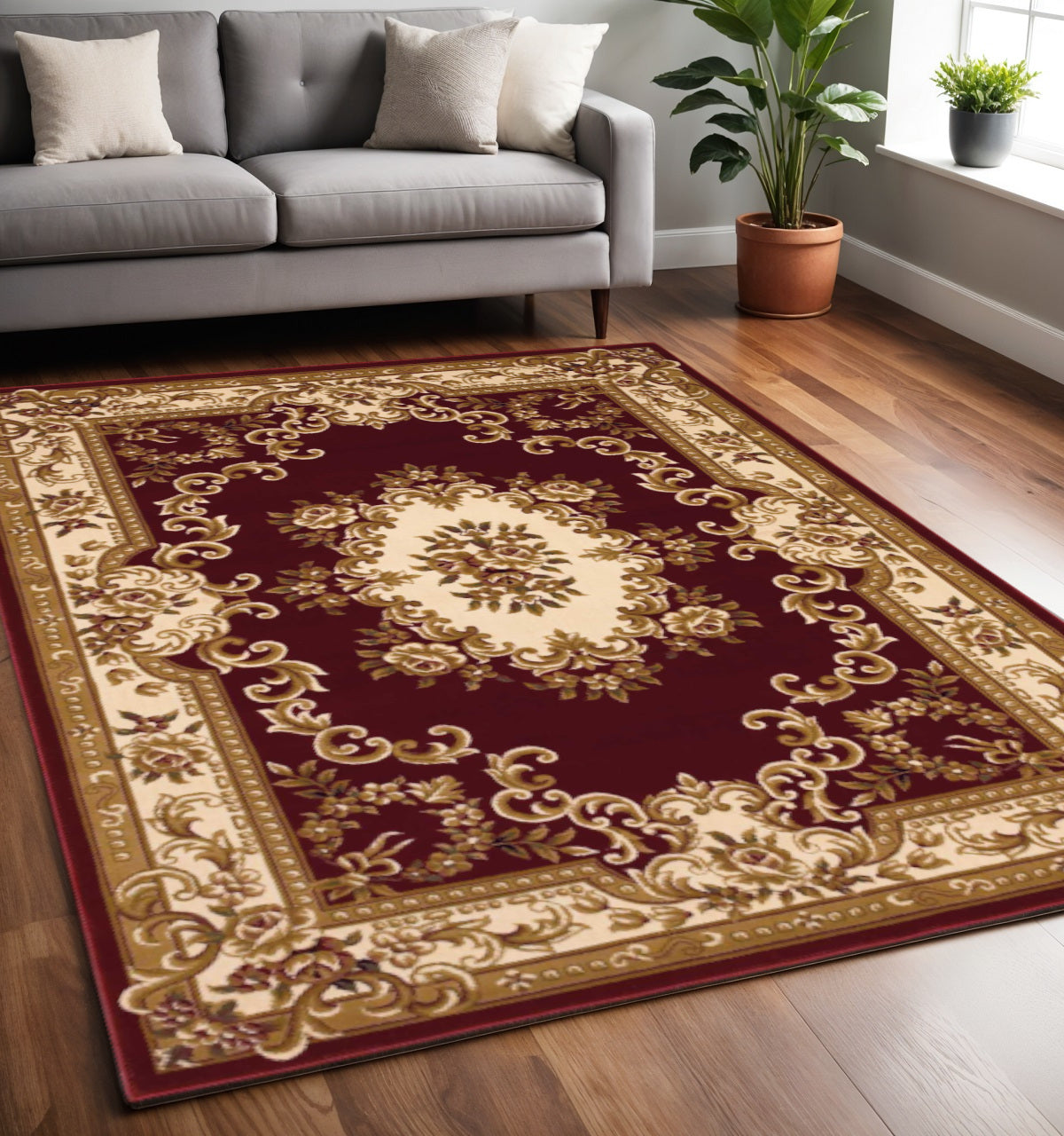 3' X 5' Red and Ivory Floral Border Area Rug