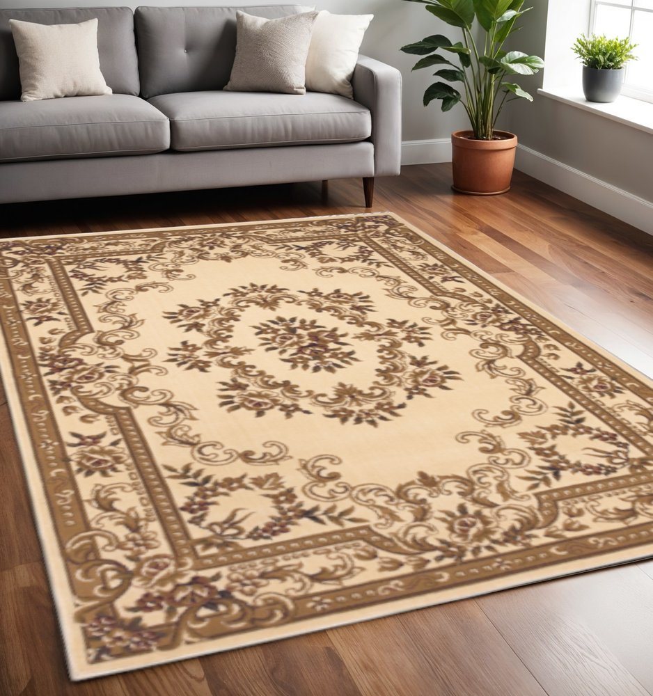 8' X 11' Beige And Brown Floral Medallion Area Rug