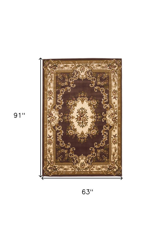 5' X 8' Plum And Ivory Floral Medallion Area Rug