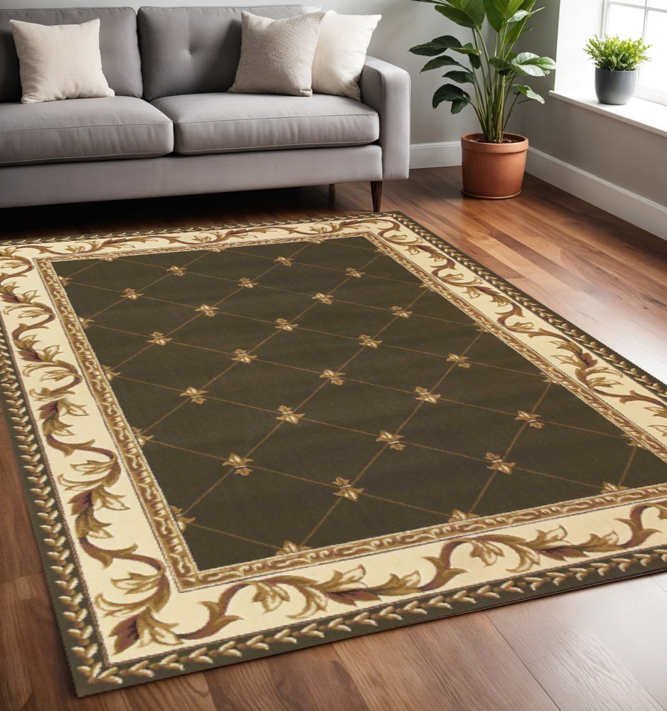 3' X 5' Dark Green Ivory And Brown Floral Vines Area Rug