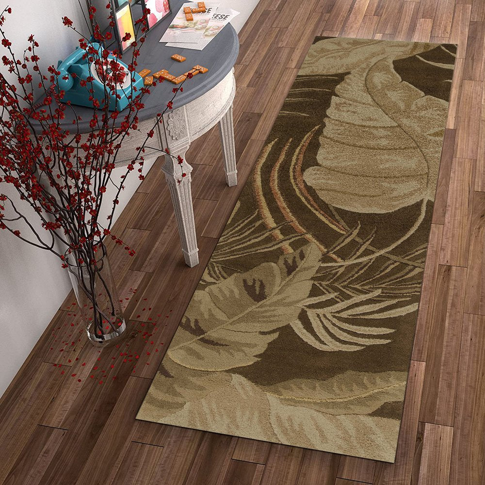 3' X 5' Brown And Beige Wool Botanical Leaves Hand Tufted Area Rug