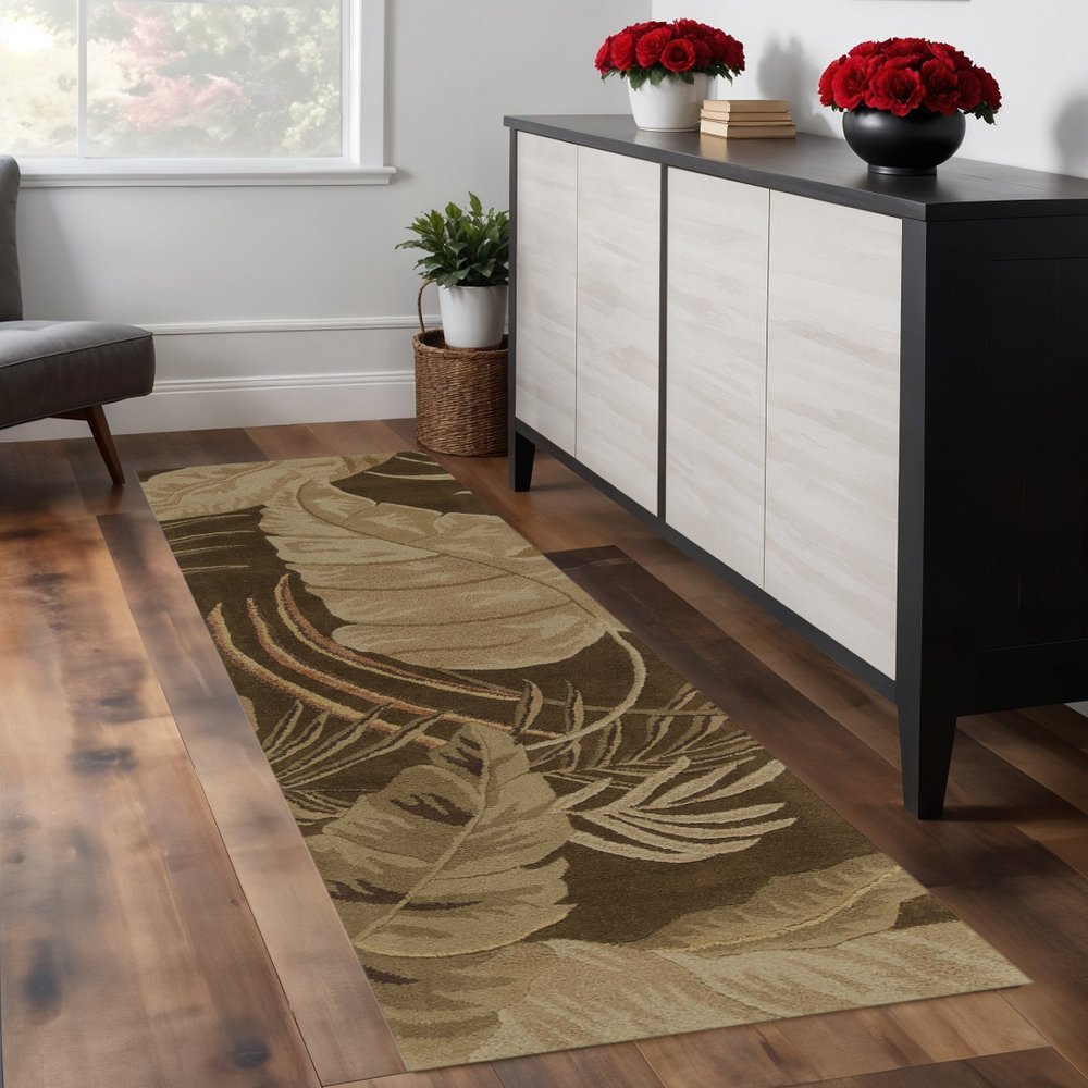3' X 5' Brown And Beige Wool Botanical Leaves Hand Tufted Area Rug