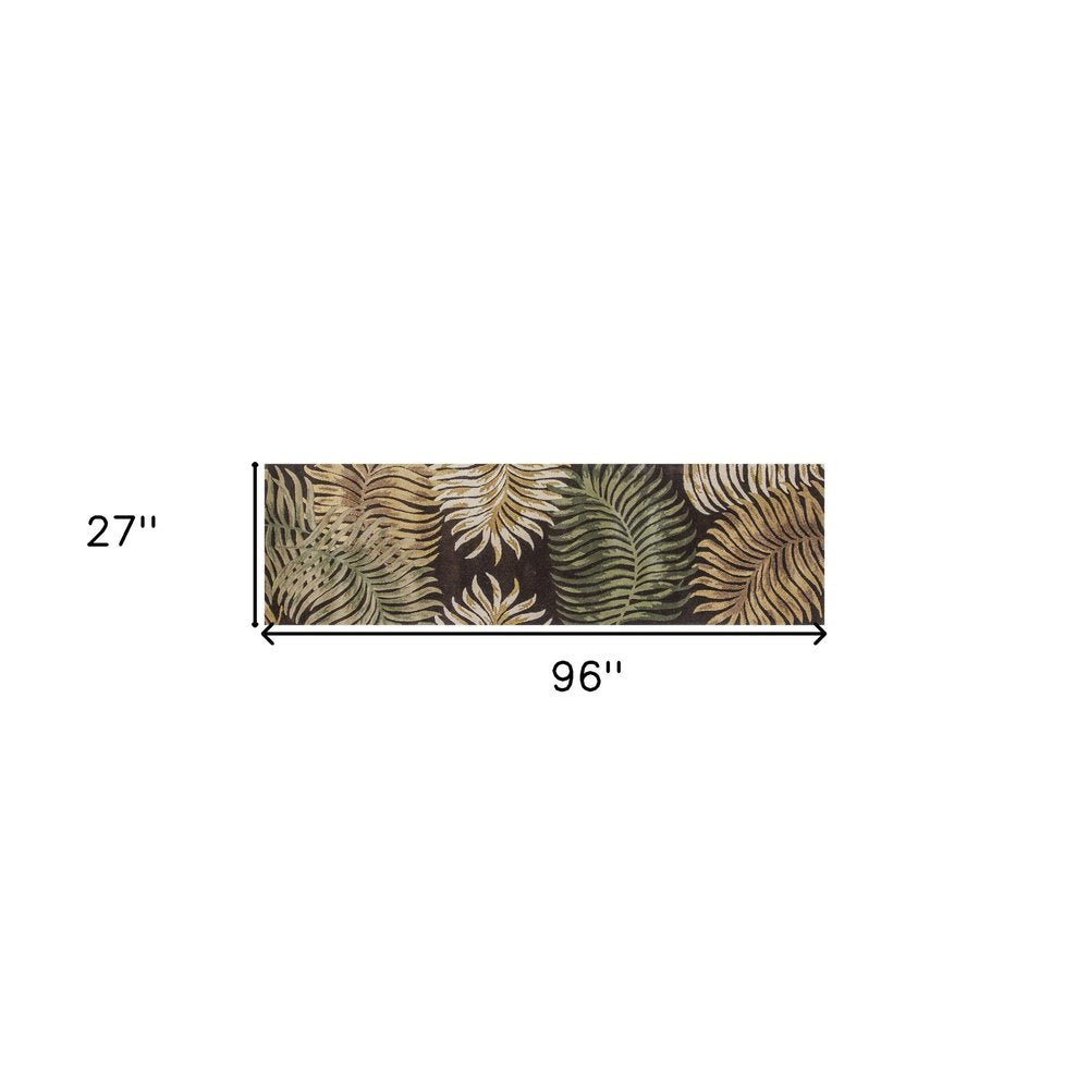 5' X 8' Espresso Beige And Green Wool Botanical Leaves Hand Tufted Area Rug