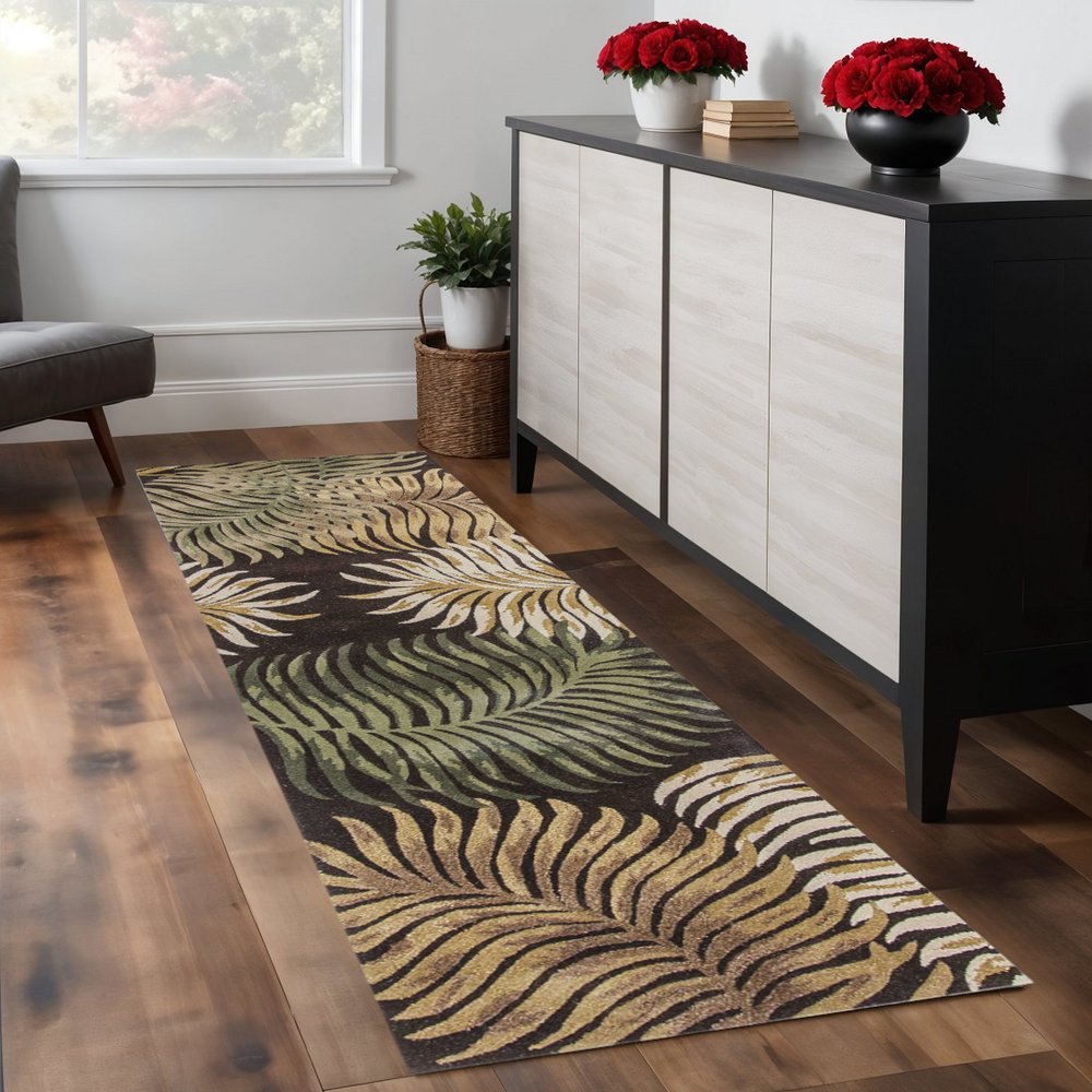 5' X 8' Espresso Beige And Green Wool Botanical Leaves Hand Tufted Area Rug