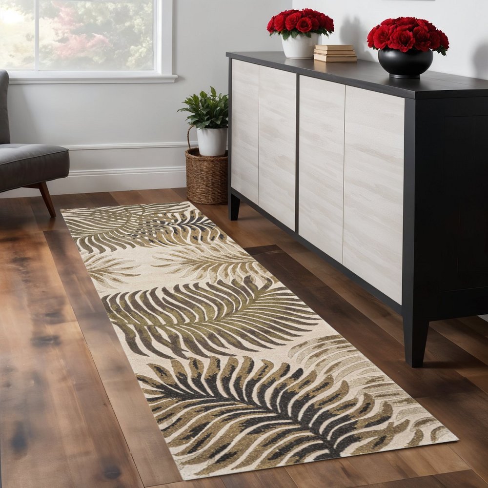 8' X 11' Natural Green And Brown Wool Botanical Leaves Hand Tufted Area Rug