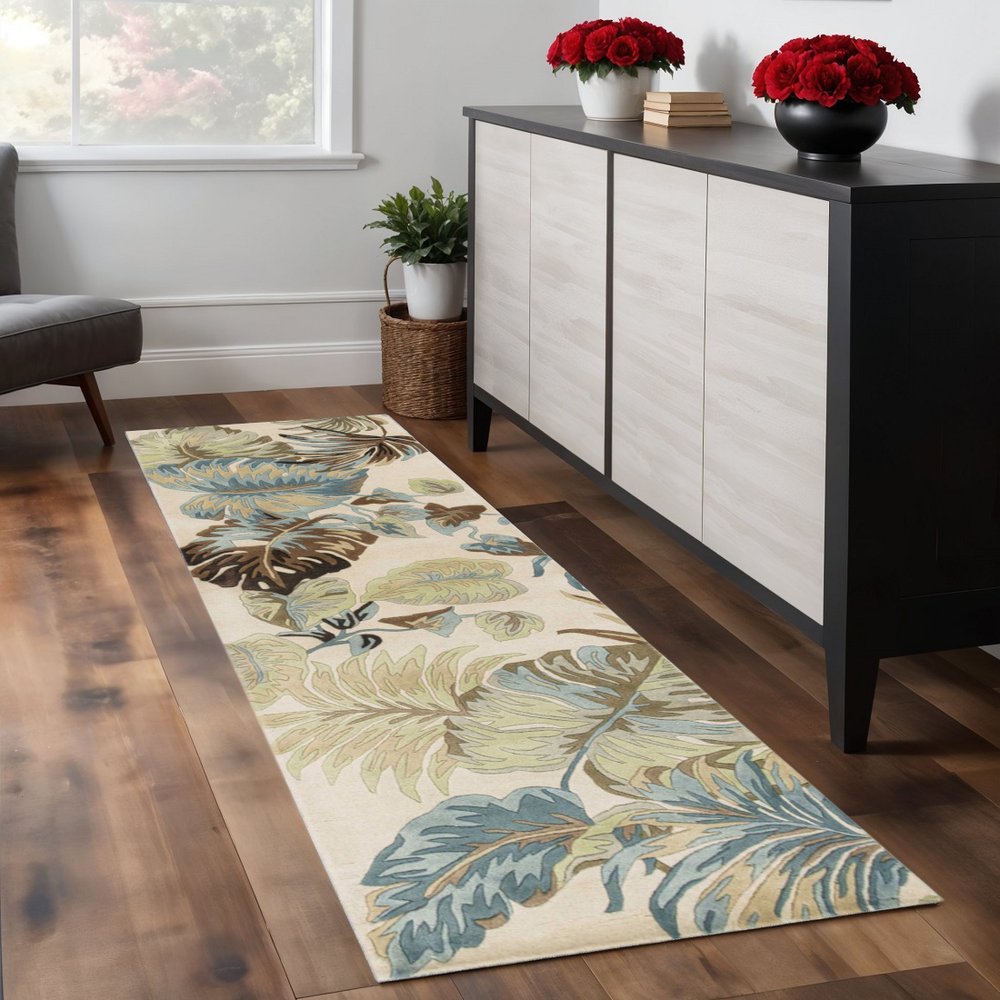 5' X 8' Ivory And Blue Wool Botanical Leaves Hand Tufted Area Rug