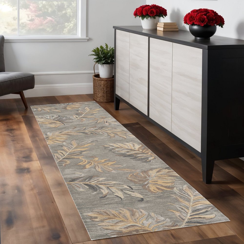3' X 5' Gray And Taupe Wool Botanical Leaves Hand Tufted Area Rug